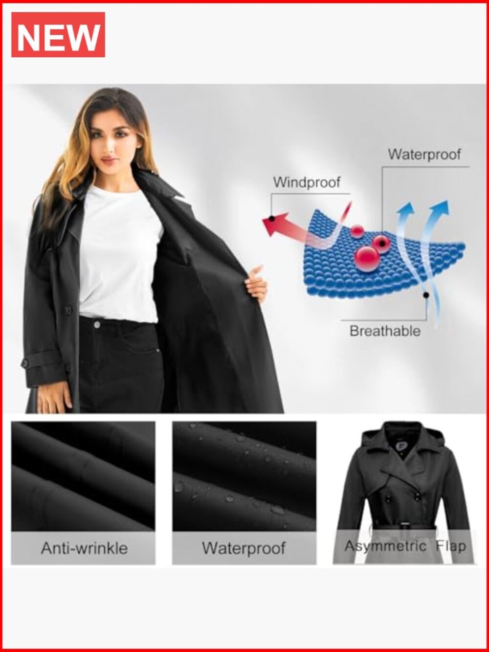Waterproof Long Trench Coat Double Breasted Windbreaker Detachable Hood - Picture 3 of 7